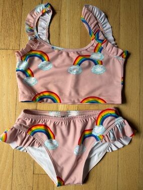 Girls Pink Rainbow Ruffle Bikini Set